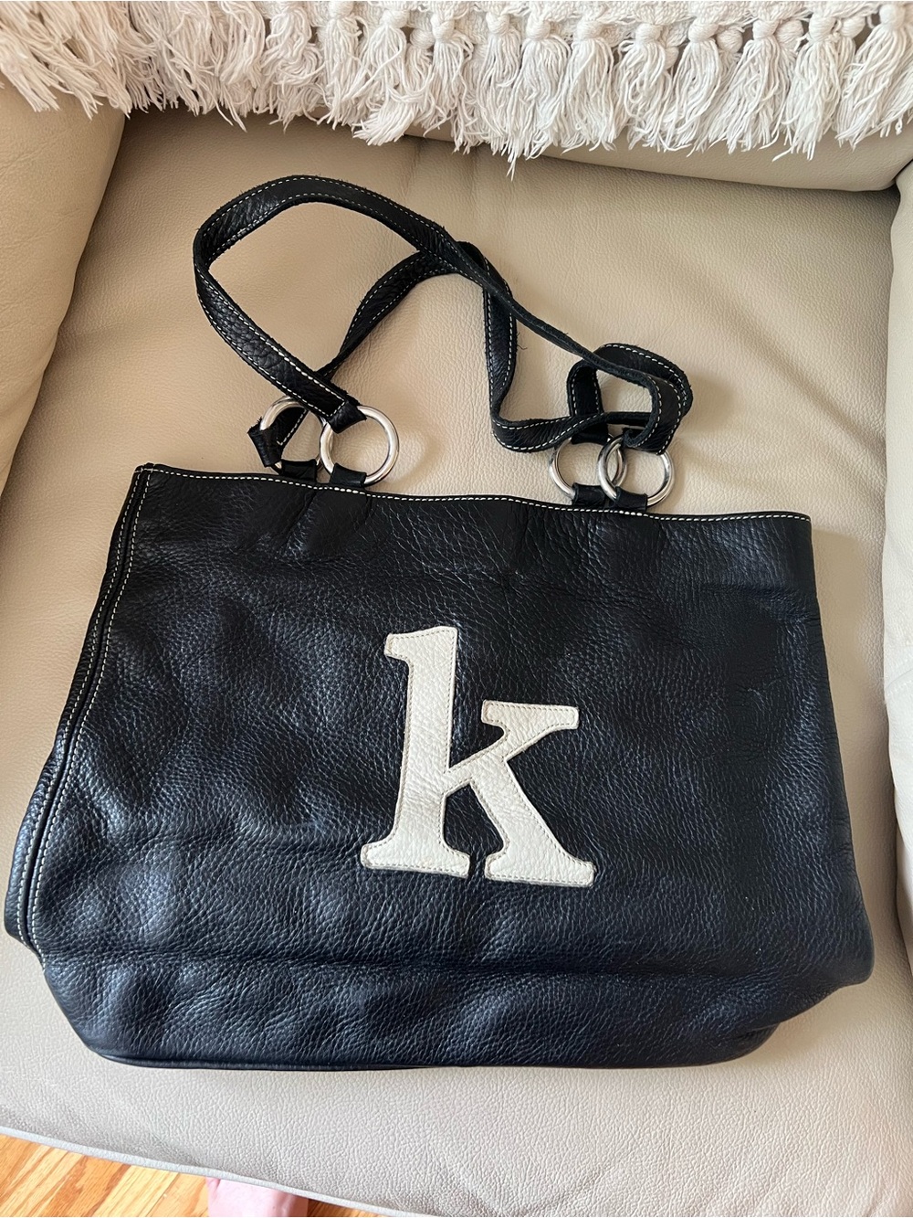 Black Leather Tote Bag with White 'K' Initial - Classic Women's Shoulder Bag